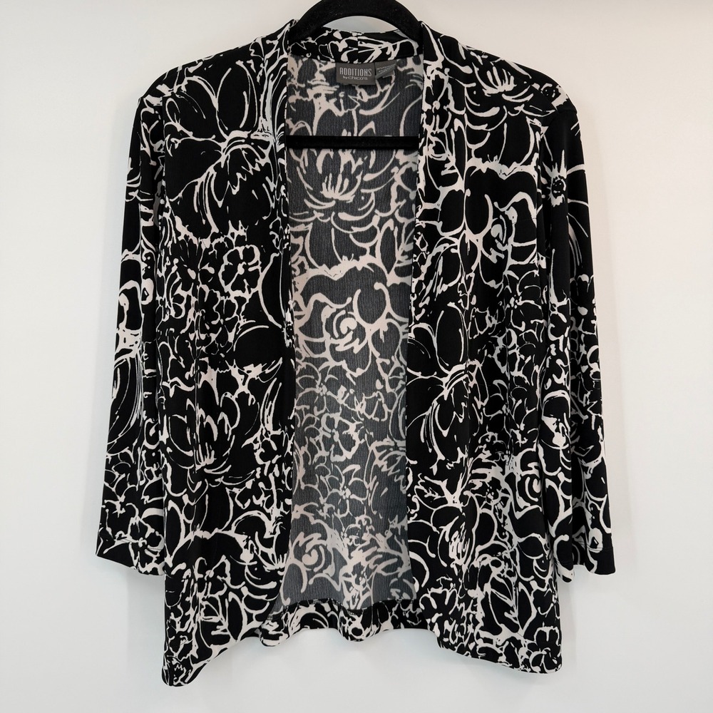 Additions by Chicos Black White Floral Open Front Cardigan Size 1 Medium Slinky